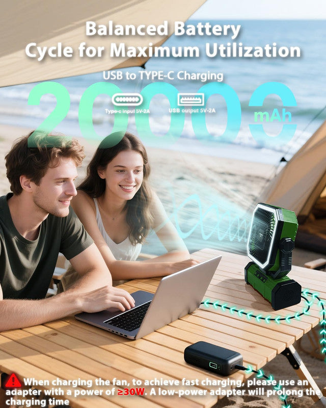 20000mAh Portable Camping Fan, Rechargeable Battery Operated Oscillating Camp Tent Fan W/Remote control, 4 Speeds, LED lights & 360° Rotation Hook for Outdoor RV Travel Green