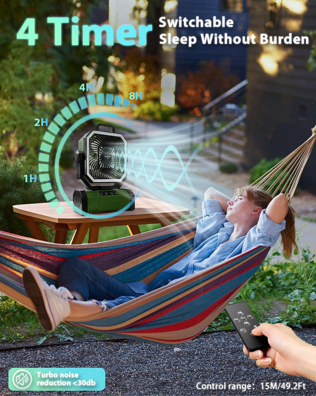 20000mAh Portable Camping Fan, Rechargeable Battery Operated Oscillating Camp Tent Fan W/Remote control, 4 Speeds, LED lights & 360° Rotation Hook for Outdoor RV Travel Green