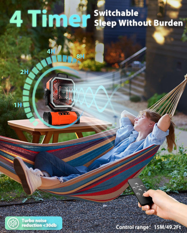 20000mAh Portable Camping Fan, Rechargeable Battery Operated Oscillating Camp Tent Fan W/Remote control, 4 Speeds, LED lights & 360° Rotation Hook for Outdoor RV Travel Orange