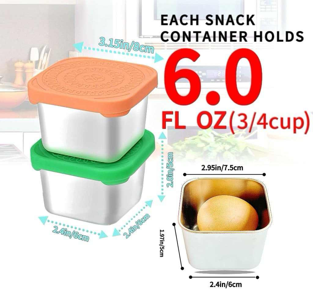 6Pack 6oz Stainless Steel Snack Containers and 2oz Salad Dressing To Go Containers with Silicone Lids, Reusable Square Meal Prep Condiment Sauce Containers Lunch Box