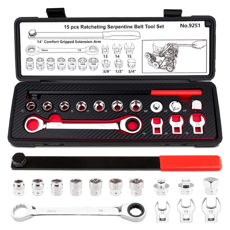 15PCS Serpentine Belt Tool Kit Tensioner Pulley Alignment Wrench Crow Socket