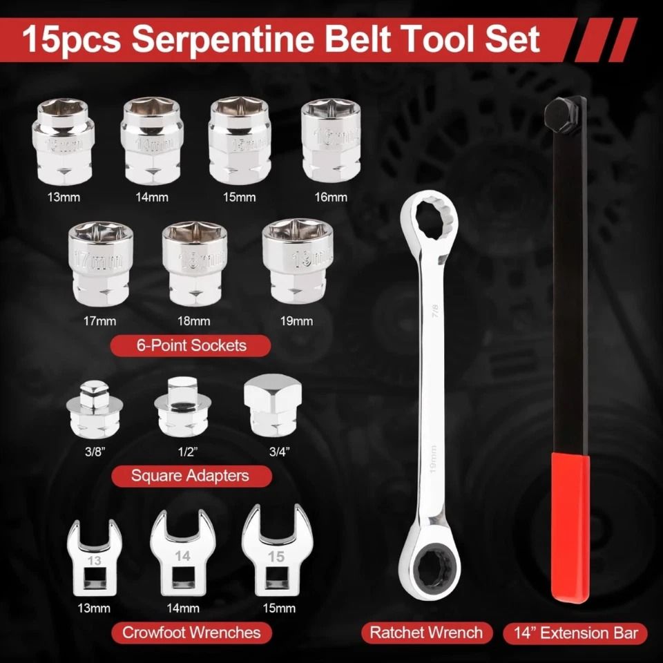 15PCS Serpentine Belt Tool Kit Tensioner Pulley Alignment Wrench Crow Socket