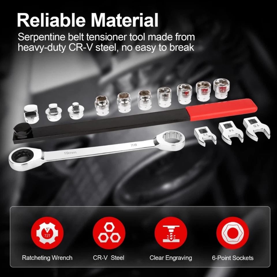15PCS Serpentine Belt Tool Kit Tensioner Pulley Alignment Wrench Crow Socket