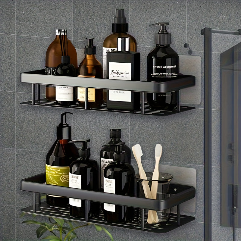 Black Wall-Mounted Storage Shelf - Heavy-Duty Plastic, No-Drill Adhesive Installation, Space-Saving Bathroom and Kitchen Organizer
