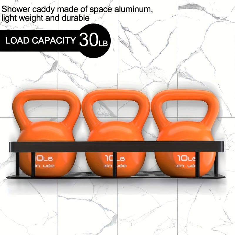 Black Wall-Mounted Storage Shelf - Heavy-Duty Plastic, No-Drill Adhesive Installation, Space-Saving Bathroom and Kitchen Organizer