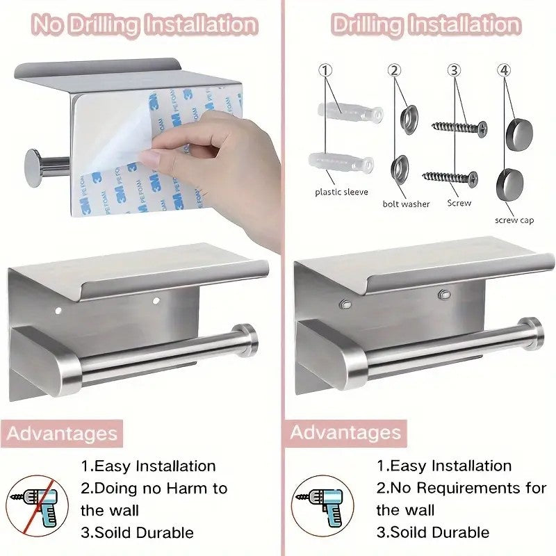(True color) 1pc Toilet Paper Holder with Shelf, Bathroom Tissue Storage Rack, Wall-Mounted Paper Towel Dispenser, Stainless Steel Bathroom Paper Holder, Bathroom Accessory