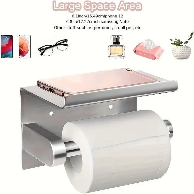 (True color) 1pc Toilet Paper Holder with Shelf, Bathroom Tissue Storage Rack, Wall-Mounted Paper Towel Dispenser, Stainless Steel Bathroom Paper Holder, Bathroom Accessory