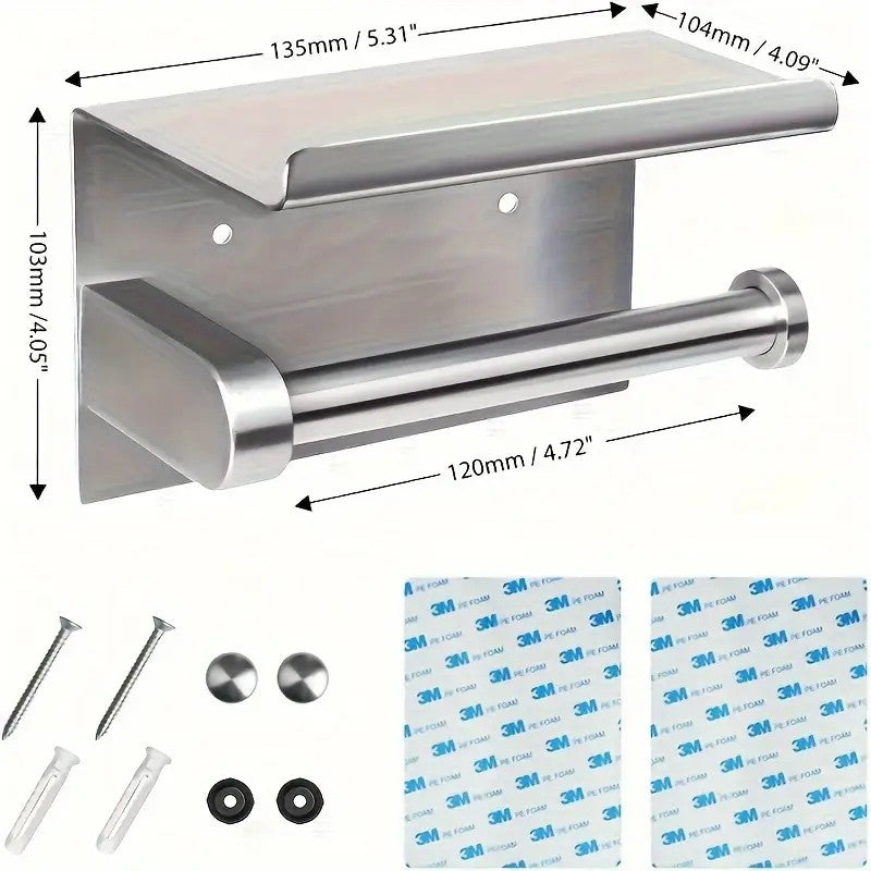 (True color) 1pc Toilet Paper Holder with Shelf, Bathroom Tissue Storage Rack, Wall-Mounted Paper Towel Dispenser, Stainless Steel Bathroom Paper Holder, Bathroom Accessory