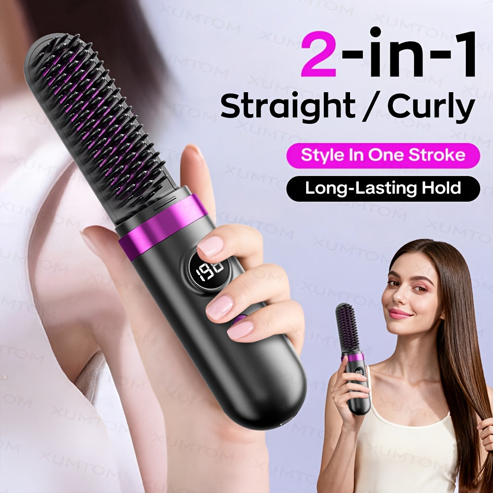 New Portable Hair Straightening Comb, USB rechargeable, 4000mAh battery, includes charging dock. Intelligent digital temperature control, dual use for straightening and curling, long-lasting hold without damaging hair(GREY)