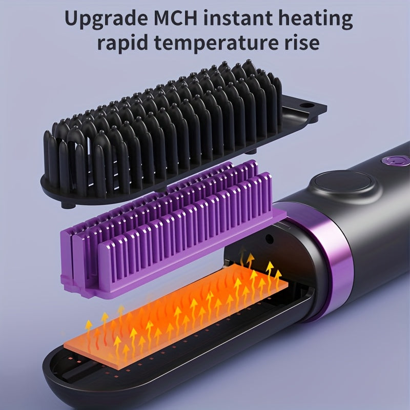New Portable Hair Straightening Comb, USB rechargeable, 4000mAh battery, includes charging dock. Intelligent digital temperature control, dual use for straightening and curling, long-lasting hold without damaging hair(GREY)