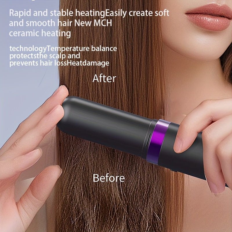 New Portable Hair Straightening Comb, USB rechargeable, 4000mAh battery, includes charging dock. Intelligent digital temperature control, dual use for straightening and curling, long-lasting hold without damaging hair(GREY)