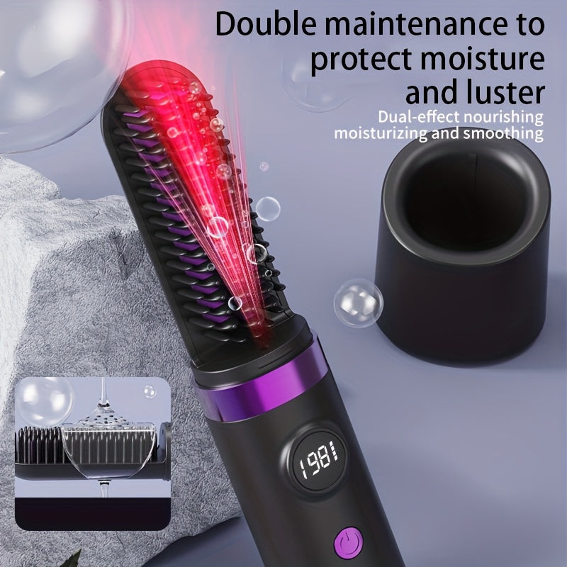New Portable Hair Straightening Comb, USB rechargeable, 4000mAh battery, includes charging dock. Intelligent digital temperature control, dual use for straightening and curling, long-lasting hold without damaging hair(GREY)