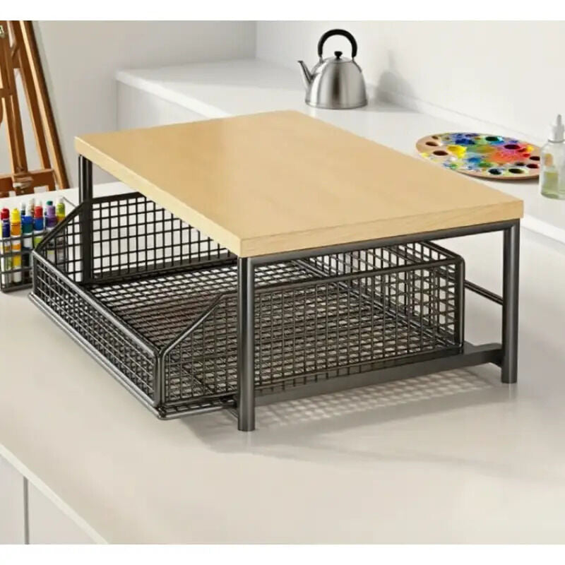 Modern Kitchen Microwave Shelf with Drawer: Sturdy and solid structure, designed to save counter space for storing appliances, utensils, dishes, and household items. Minimalist design suitable for 1000+ scenarios, BLACK