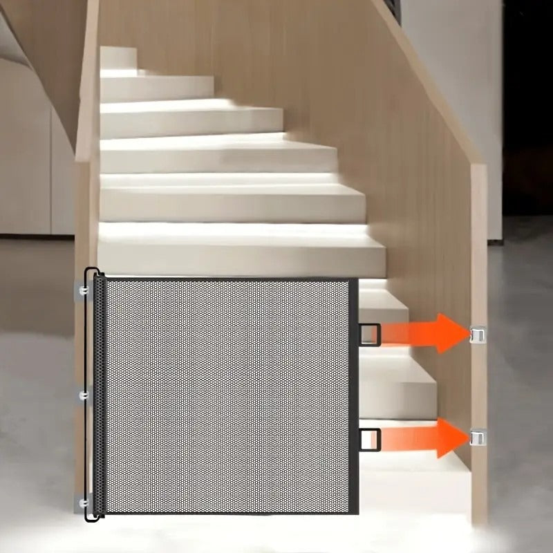Expandable Pet Fence, made of PVC mesh material, easy to install, suitable for small dogs, cats, and various pets. No-drilling design effectively prevents pets from escaping, making it an ideal choice for stairs, corridors, and doorways. (WHITE)