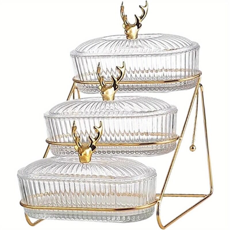 Fashion Three-Tier Covered Snack and Fruit Tray - Sturdy Metal Frame, Nordic Design, Suitable for Kitchen, Living Room, and Parties | Perfect for Holding Dried Fruits, Candies, Nuts | Easy to Clean, Versatile Appetizer Plate, Ideal for Serving and Hosting