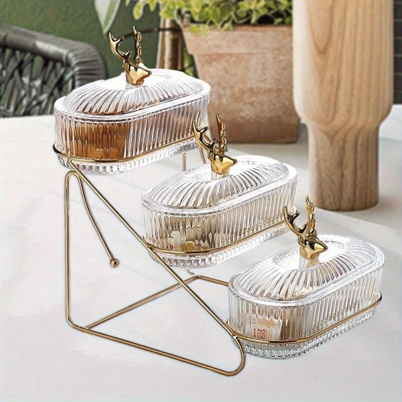 Fashion Three-Tier Covered Snack and Fruit Tray - Sturdy Metal Frame, Nordic Design, Suitable for Kitchen, Living Room, and Parties | Perfect for Holding Dried Fruits, Candies, Nuts | Easy to Clean, Versatile Appetizer Plate, Ideal for Serving and Hosting