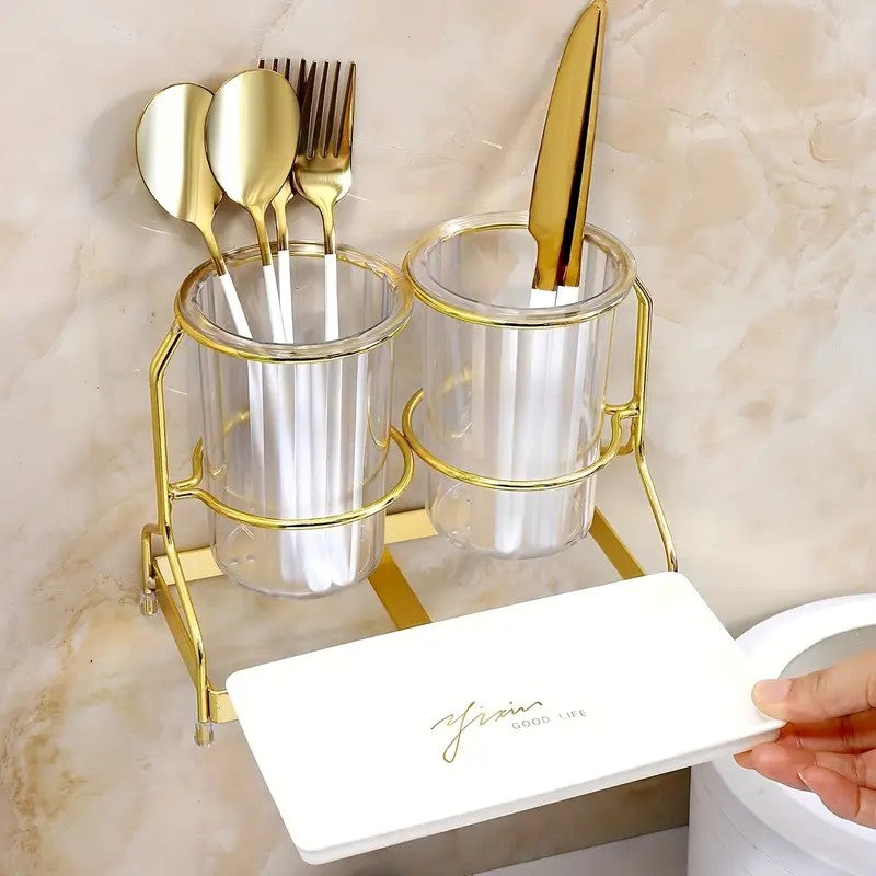 Transparent gold ink color Luxury Wall-Mounted Cutlery Holder, Household Knife Fork Spoon Organizer, New Kitchen Utensil Drainer and Chopstick Container, Tableware Storage Rack