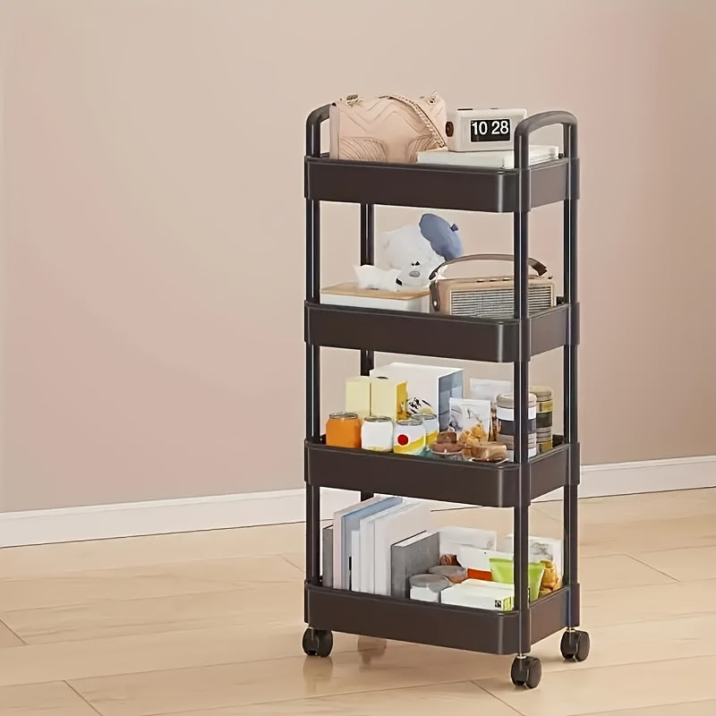 Four-Tier Rolling Cosmetics Storage Rack - Made of durable plastic, equipped with 360-degree swivel casters, strong load-bearing capacity - Suitable for bathroom, bedroom, kitchen, and home storage | White