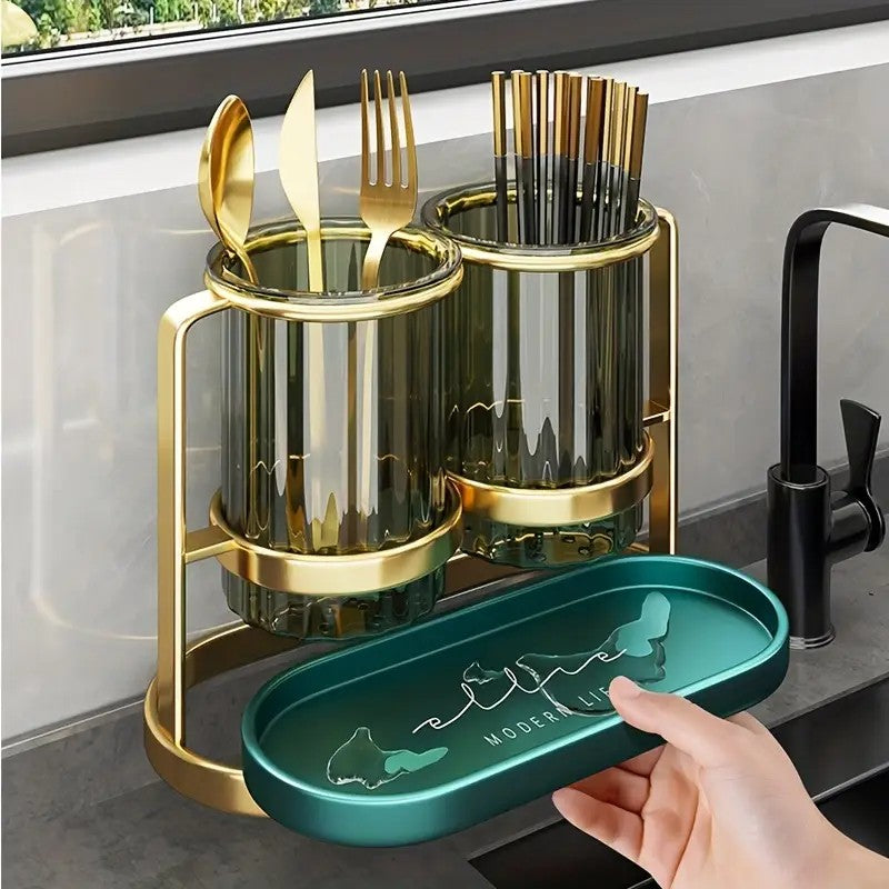 Solid white gold Luxury Wall-Mounted Cutlery Holder, Household Knife Fork Spoon Organizer, New Kitchen Utensil Drainer and Chopstick Container, Tableware Storage Rack