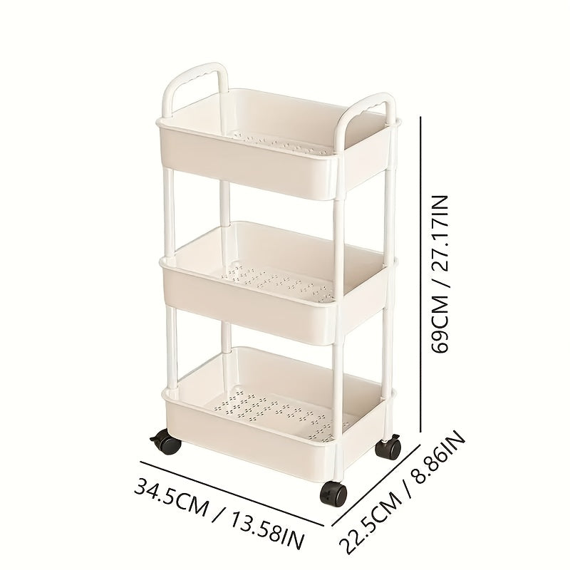 Three-Tier Rolling Cosmetics Storage Rack - Made of durable plastic, equipped with 360-degree swivel casters, strong load-bearing capacity - Suitable for bathroom, bedroom, kitchen, and home storage | White