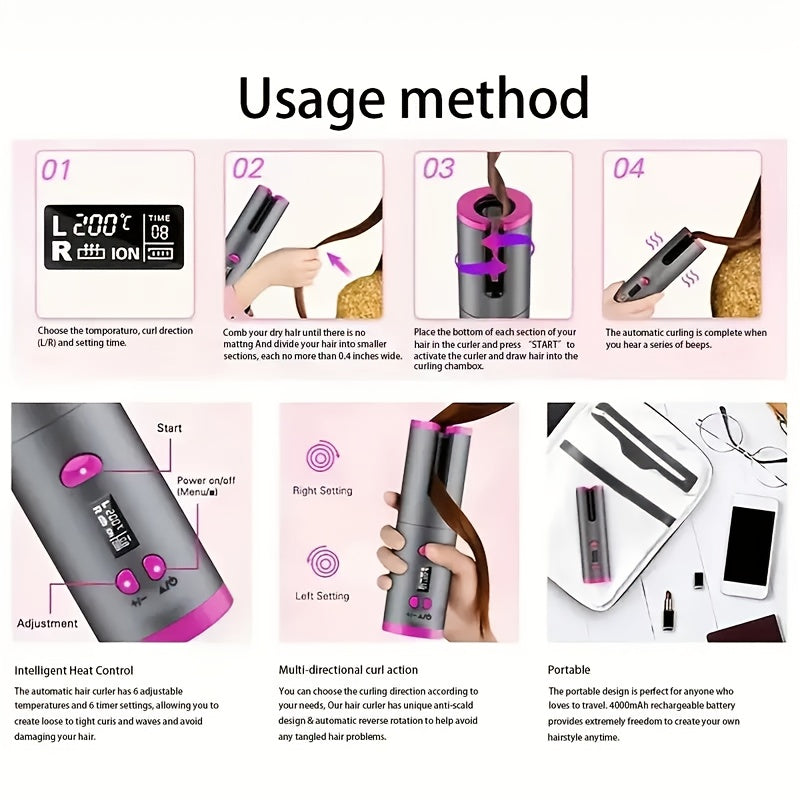 USB LCD Wireless Charging Automatic Portable Hair Curler Smart Home Personal Care Appliance Mini Hair Curling Iron, Stylish Design, Multiple Colors Available