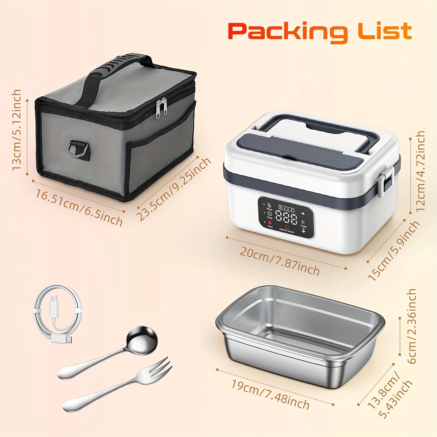 Electric Heating Insulated Lunch Box | 304 Stainless Steel Portable Insulated Storage Container, Suitable for Office, Camping, Picnics | Compact Insulated Food Container with Charging Function, No Water Needed(white)