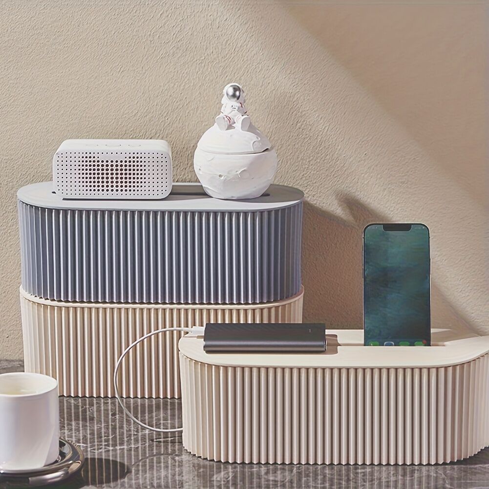 One Lidded Cable Management Box — Suitable for Desk and TV Cables, Perfect for Home Office, Gaming Setups, and Living Room Storage | Power Strip Organizer, Neat Appearance, Efficient Compartment Design (Light khaki)