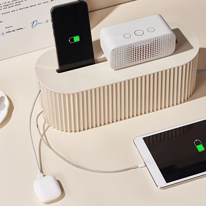 One Lidded Cable Management Box — Suitable for Desk and TV Cables, Perfect for Home Office, Gaming Setups, and Living Room Storage | Power Strip Organizer, Neat Appearance, Efficient Compartment Design (Light khaki)