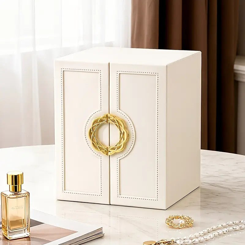 White 1 Large Faux Leather Jewelry Storage Box with 5 Drawers and Gold Handles - An elegant rectangular storage space for rings, necklaces, bracelets, earrings, and watches - Features soft fabric lining, side door design, textured surface finish - Luxur