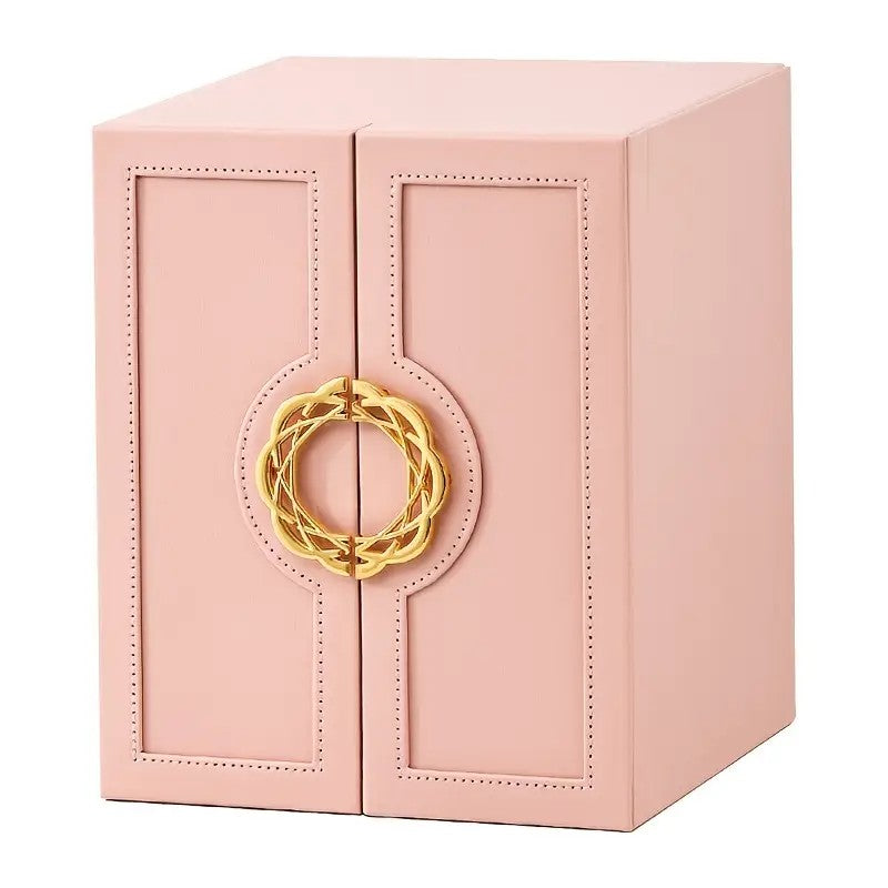 Blue 1 Large Faux Leather Jewelry Storage Box with 5 Drawers and Gold Handles - An elegant rectangular storage space for rings, necklaces, bracelets, earrings, and watches - Features soft fabric lining, side door design, textured surface finish - Luxury