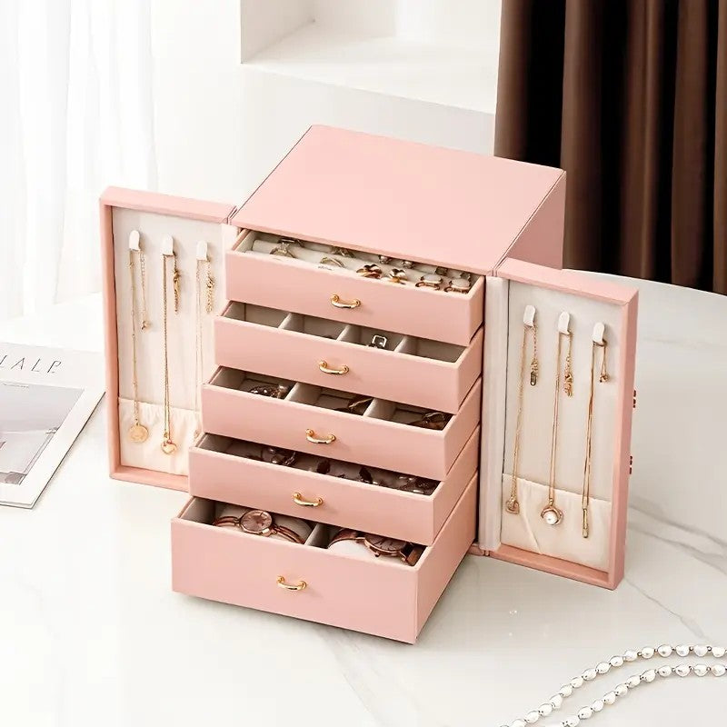 Blue 1 Large Faux Leather Jewelry Storage Box with 5 Drawers and Gold Handles - An elegant rectangular storage space for rings, necklaces, bracelets, earrings, and watches - Features soft fabric lining, side door design, textured surface finish - Luxury