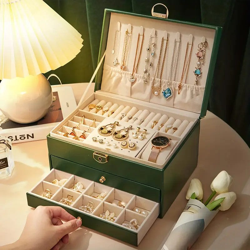 Green High-end Jewelry Storage Box for Necklaces, Earrings, Ear Studs, Bracelets, Rings, Exquisite Accessories, Gold, and Jewelry – Large Capacity, Ideal as a Gift for Mother’s Day, Father’s Day, Teacher’s Day, Halloween, Thanksgiving, and Christmas.
