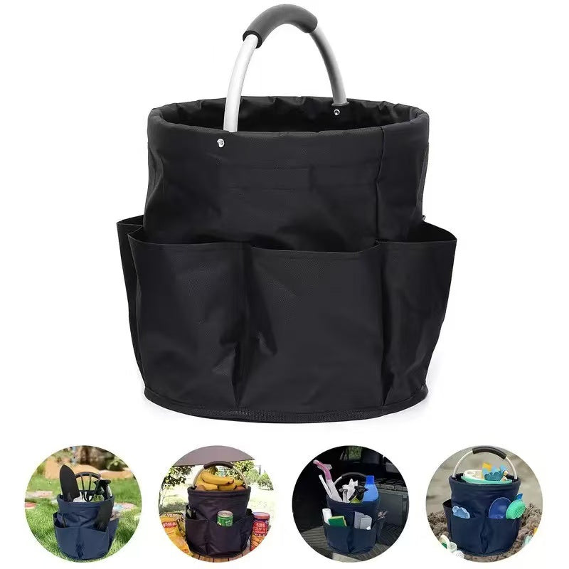 Premium Black Gardening Storage Bag made of durable 600D Oxford cloth, features 6 deep side pockets for small hand tools, spray bottles, beverages, and more. Equipped with an aluminum alloy handle wrapped in EVA molding for enhanced comfort and longevity.