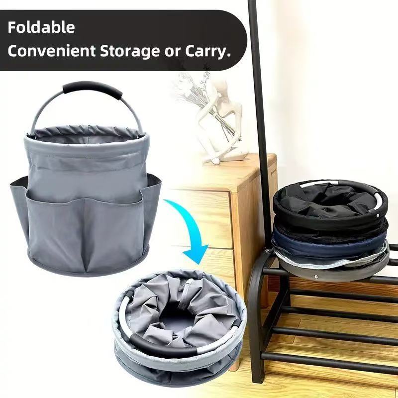Premium Black Gardening Storage Bag made of durable 600D Oxford cloth, features 6 deep side pockets for small hand tools, spray bottles, beverages, and more. Equipped with an aluminum alloy handle wrapped in EVA molding for enhanced comfort and longevity.