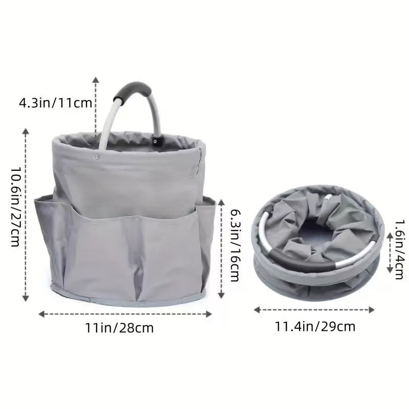 Premium Black Gardening Storage Bag made of durable 600D Oxford cloth, features 6 deep side pockets for small hand tools, spray bottles, beverages, and more. Equipped with an aluminum alloy handle wrapped in EVA molding for enhanced comfort and longevity.