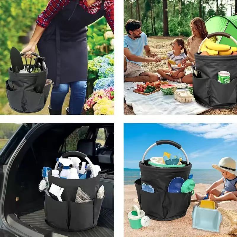 Premium Blue Gardening Storage Bag made of durable 600D Oxford cloth, features 6 deep side pockets for small hand tools, spray bottles, beverages, and more. Equipped with an aluminum alloy handle wrapped in EVA molding for enhanced comfort and longevity.