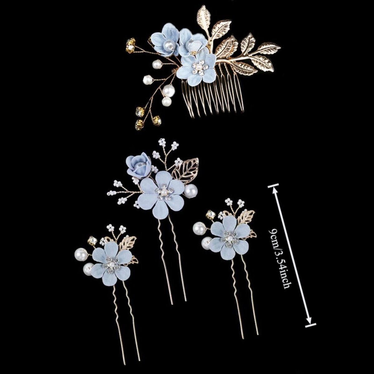 BLUE 4-Piece Elegant Light Luxury Pearl Flower Hair Accessories Set, Bridal Wedding Hairpin and Hairpin Headdress Set, Bridesmaid Gift Banquet Ornament Set for Women's Hairpin