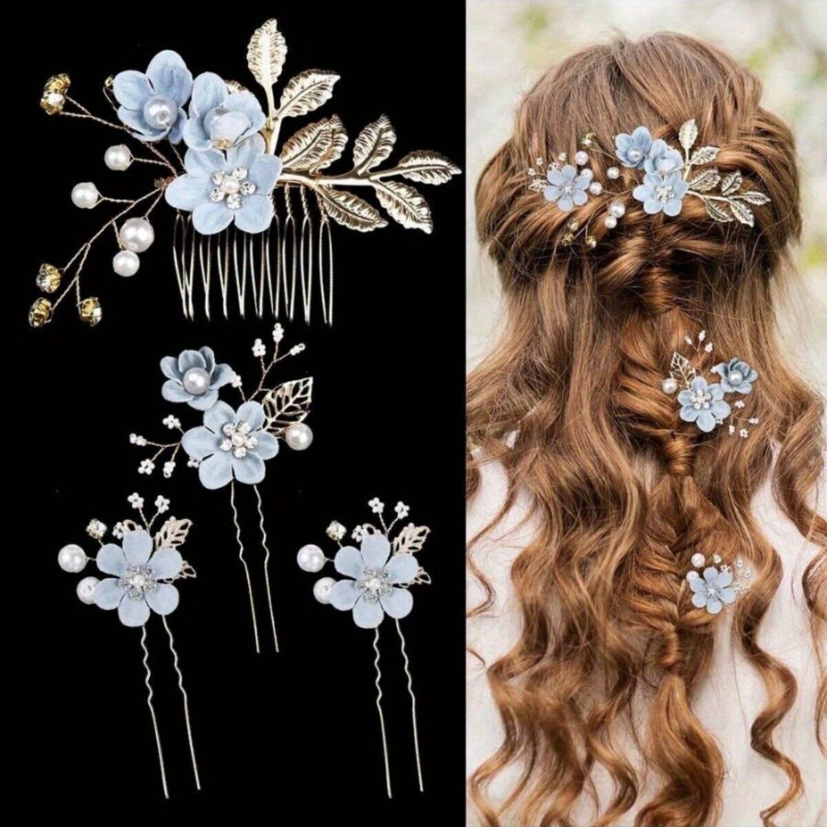 WHITE 4-Piece Elegant Light Luxury Pearl Flower Hair Accessories Set, Bridal Wedding Hairpin and Hairpin Headdress Set, Bridesmaid Gift Banquet Ornament Set for Women's Hairpin