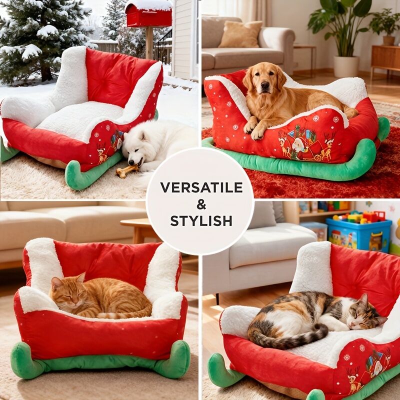Christmas sled cat bed and dog house-winter warm pet bed, detachable and washable, without assembly, comfortable/outdoor pet sofa, suitable for cats and small dogs, snow house design.