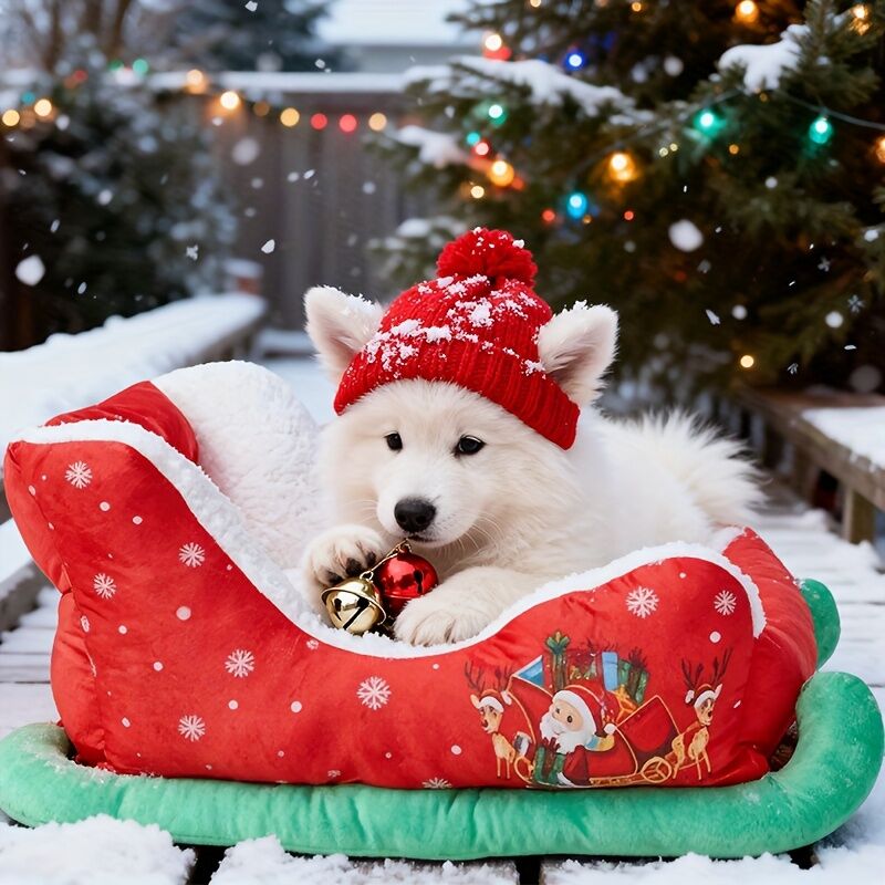 Christmas sled cat bed and dog house-winter warm pet bed, detachable and washable, without assembly, comfortable/outdoor pet sofa, suitable for cats and small dogs, snow house design.