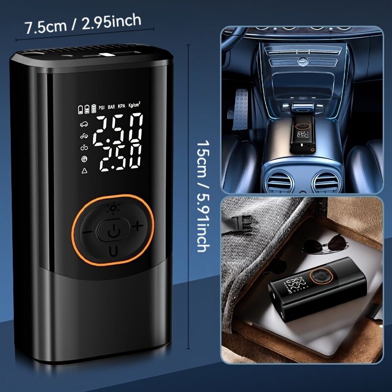 Portable air compressor for tires with digital pressure gauge, 150PSI rechargeable battery, LED light, wireless bicycle tire pump for cars, motorcycles, bicycles, etc., black