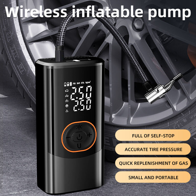 Portable air compressor for tires with digital pressure gauge, 150PSI rechargeable battery, LED light, wireless bicycle tire pump for cars, motorcycles, bicycles, etc., black