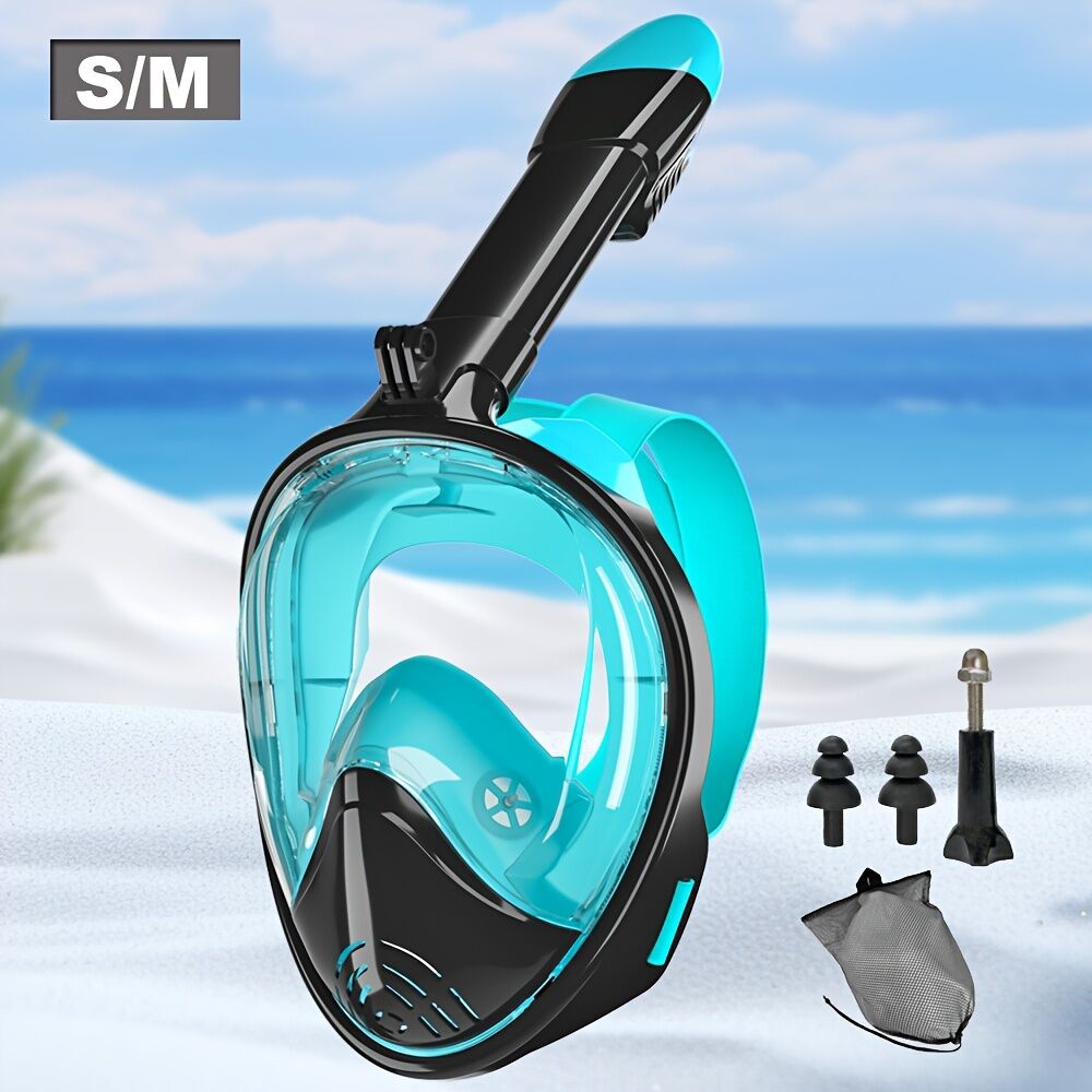 S/M Full-face silicone snorkeling mask, full-dry panoramic snorkeling mirror, camera bracket, large frame anti-leakage and anti-fog swimming mirror set for adults.