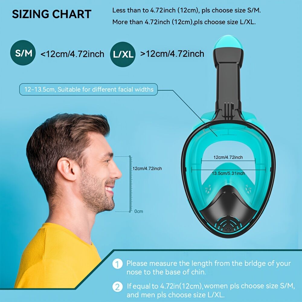S/M Full-face silicone snorkeling mask, full-dry panoramic snorkeling mirror, camera bracket, large frame anti-leakage and anti-fog swimming mirror set for adults.