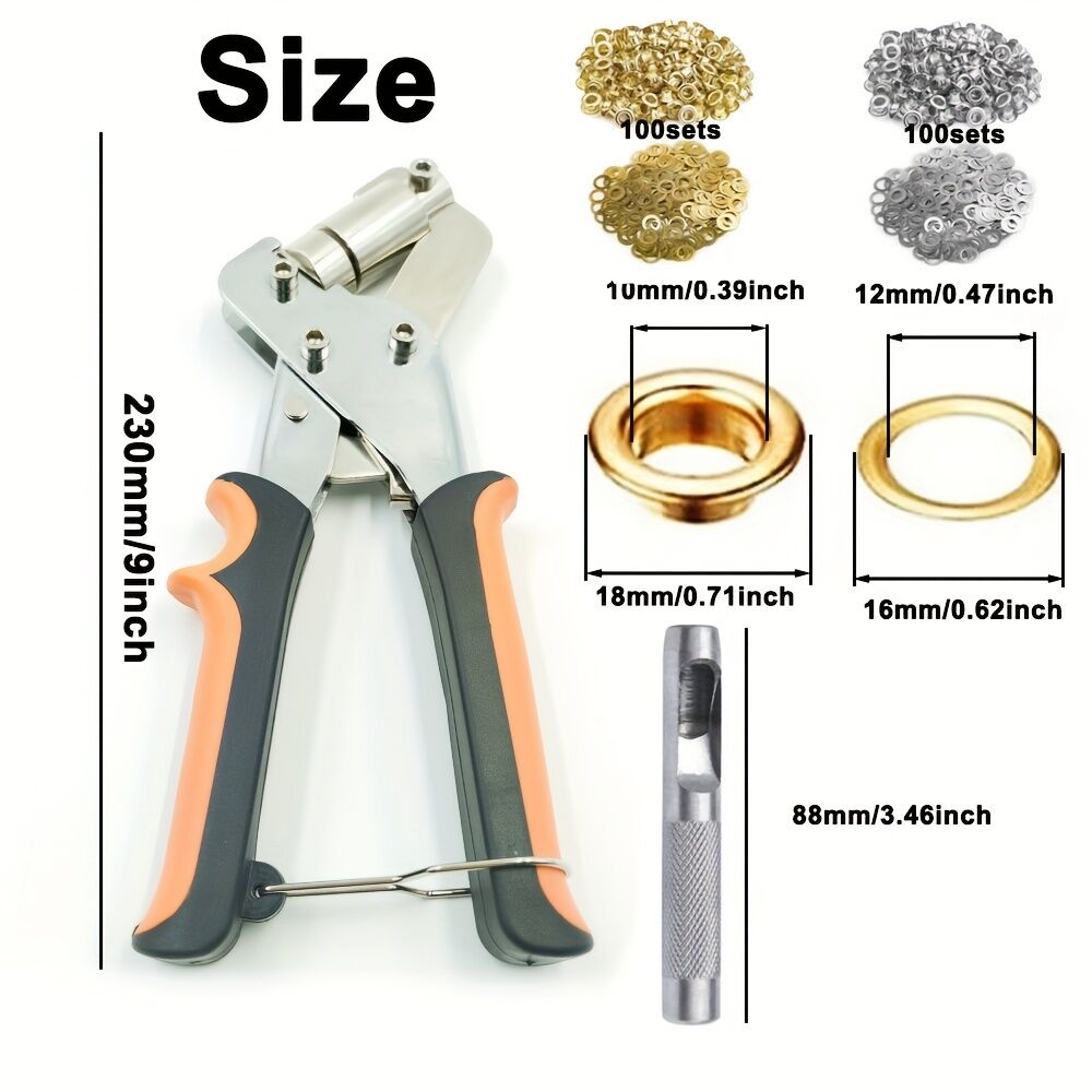 Complete eyelet punch set with 200 10mm rings - Perfect for DIY tarps, faux leather, and waterproof fabric projects, sewing and crafting essentials