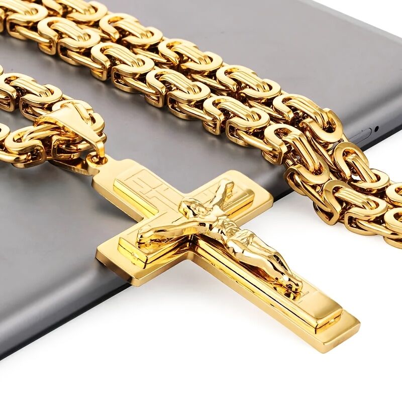 Trident cross men's pendant necklace - gold U-shaped flat chain design, religious style fashion accessory, suitable for daily and formal occasions | high-quality accessory | exquisite men's jewelry