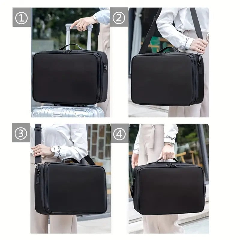 **Large Waterproof Makeup Organizer: Adjustable Dividers, Detachable Brush Holder, Multi-Compartment Design, Portable & Moisture-Resistant, Professional Cosmetic Storage Case**