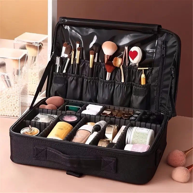 **Large Waterproof Makeup Organizer: Adjustable Dividers, Detachable Brush Holder, Multi-Compartment Design, Portable & Moisture-Resistant, Professional Cosmetic Storage Case**