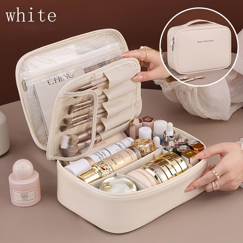 High-capacity multi-layer travel makeup organizer, featuring removable compartments and a brush holder—a portable beauty case, elegantly painted storage box, designed as a standalone unit, no assembly required.(BLACK)