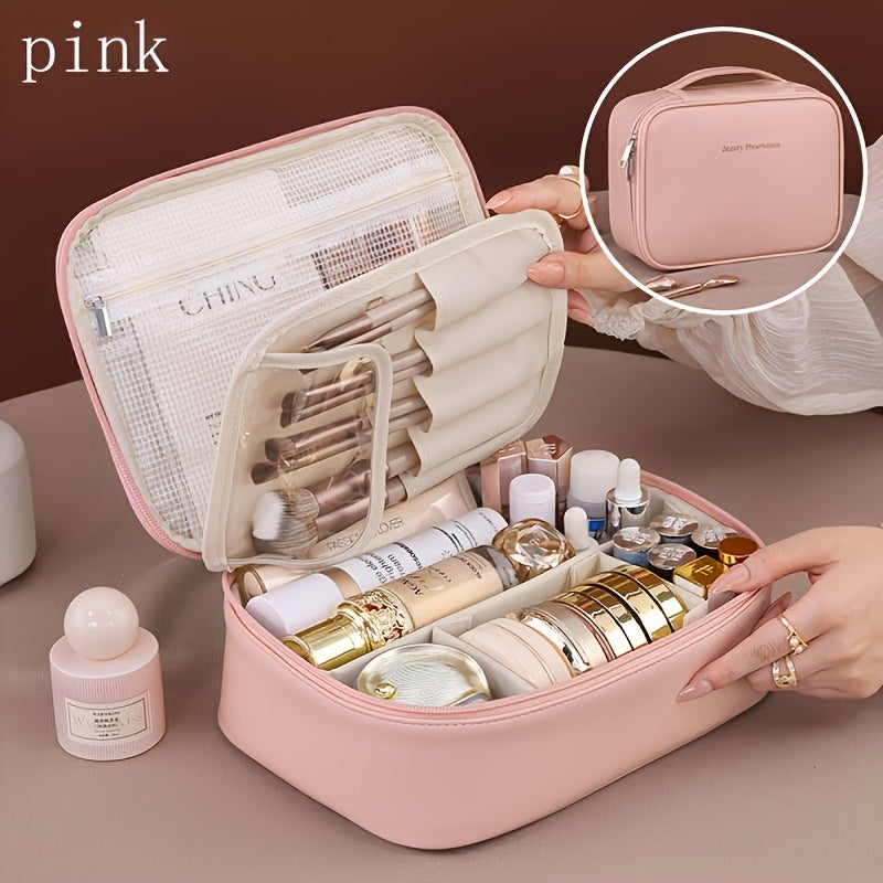High-capacity multi-layer travel makeup organizer, featuring removable compartments and a brush holder—a portable beauty case, elegantly painted storage box, designed as a standalone unit, no assembly required.(BLACK)